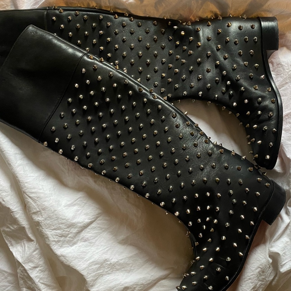 Christian Louboutin Studded Knee High Combat Boots with Slight Heel